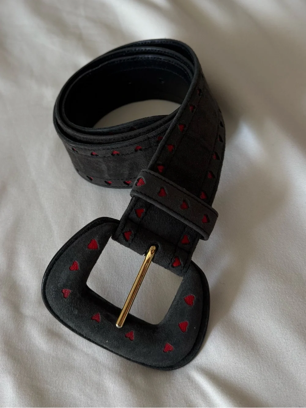ESCADA | Vintage Black Leather Suede  Belt with Red Heart Detail - 38